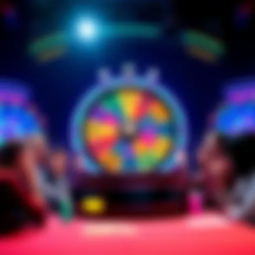 A colorful spinning wheel with different sections and prizes, surrounded by excited players at a game table.