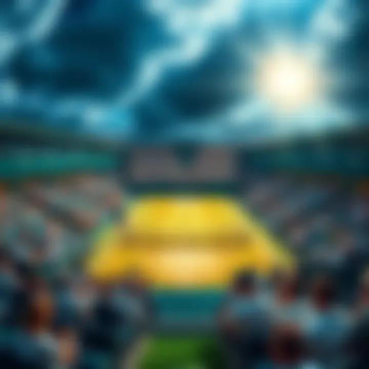 Tennis Court at Wimbledon A view of the Wimbledon tennis court with players competing and spectators watching