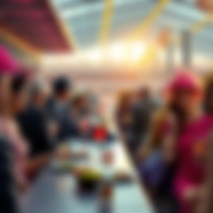 A vibrant scene of people dressed elegantly in the Windsor Enclosure at Royal Ascot, enjoying the horse racing event with drinks and food.