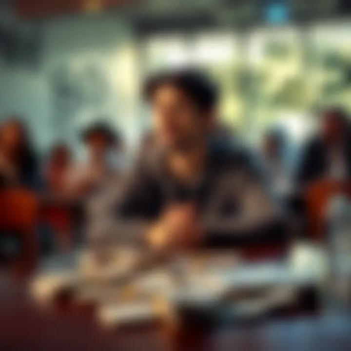 A person sitting at a table with cash in front, looking thoughtful about winning money and success, with a skeptical background of people discussing