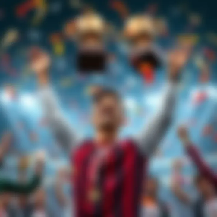 A happy person holding a trophy with arms raised in celebration, surrounded by confetti