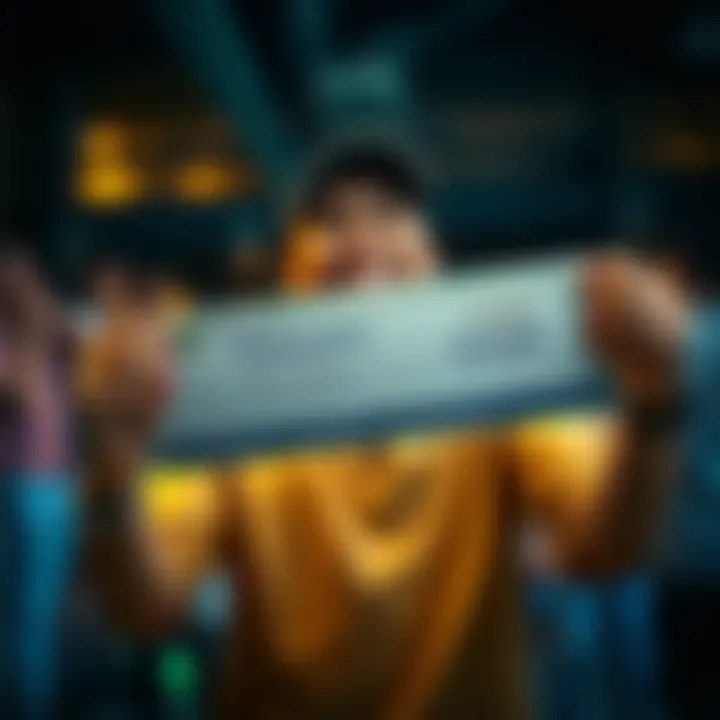 A person smiles while holding a check for 2000 reais, celebrating their success and victory.