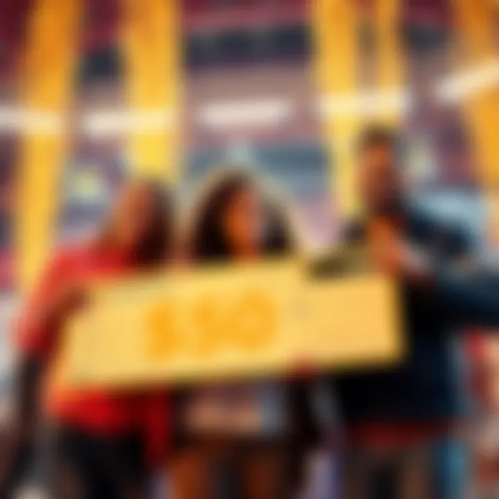 Three happy people celebrating their $500 win, holding checks and smiling