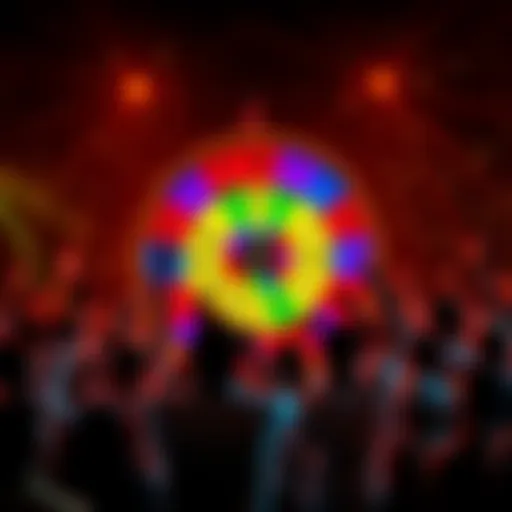 A colorful spinning wheel displaying names of winners selected randomly, surrounded by excited people celebrating their luck.