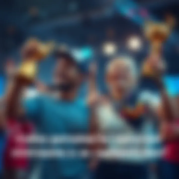 Two people holding trophies, smiling and cheering in a celebratory atmosphere after winning competitions