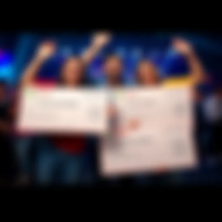 Three happy people holding checks for prizes of 300, 250, and 200 dollars, celebrating their wins together.