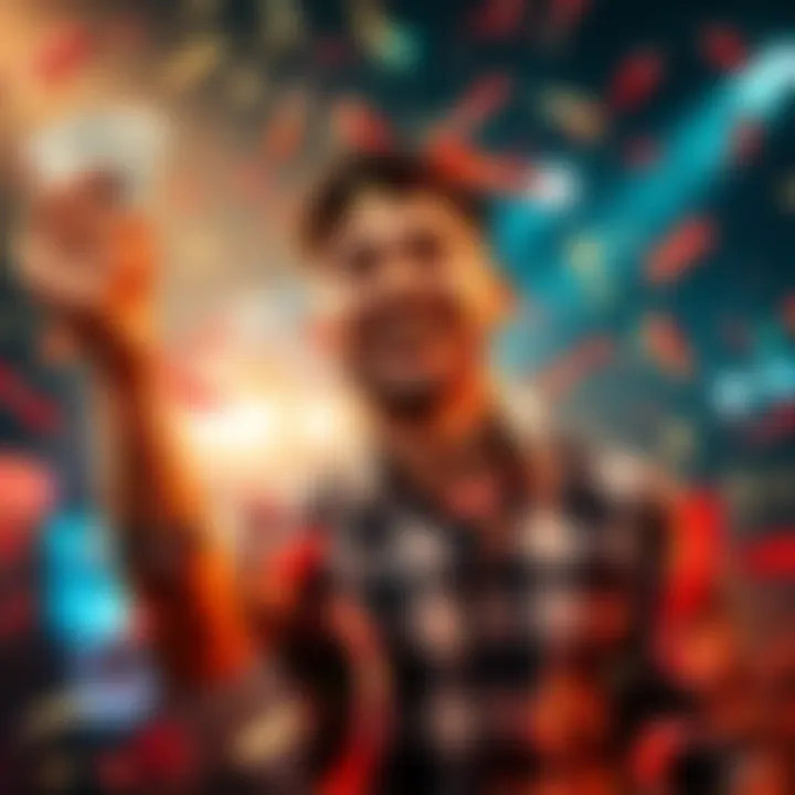 Winning Bet Celebration A person celebrating a big win with cash in hand and a smile, surrounded by confetti and bright lights.