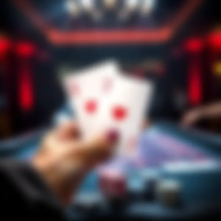 A player showing a winning hand with two pairs and one ace in a card game setting