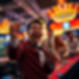 A joyful player celebrating a big win at a casino with chips in hand and dealers smiling
