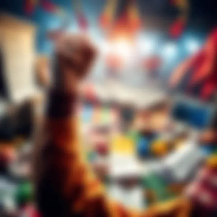 A person celebrating a successful bet with a raised fist, surrounded by sports memorabilia and betting slips, showing excitement and triumph.