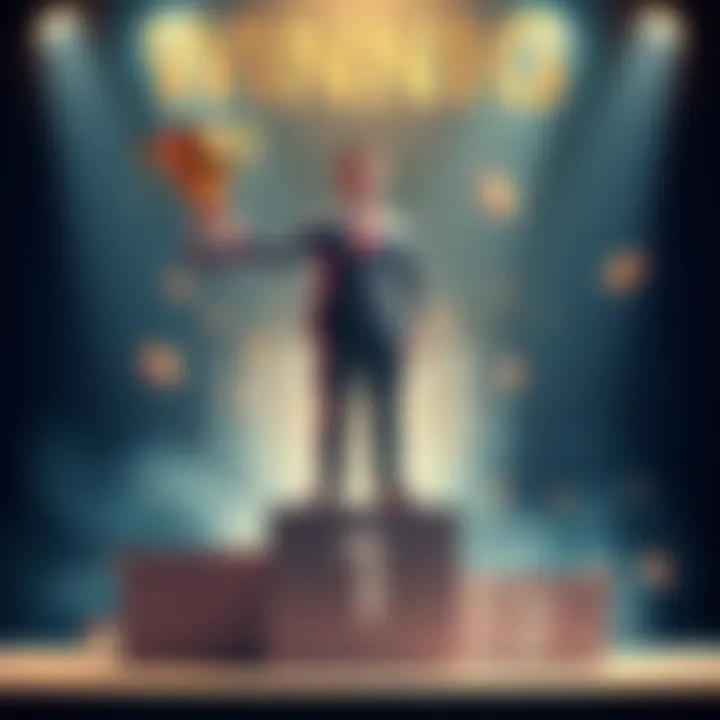 A confident person standing on a podium holding a trophy, symbolizing success and achievement.