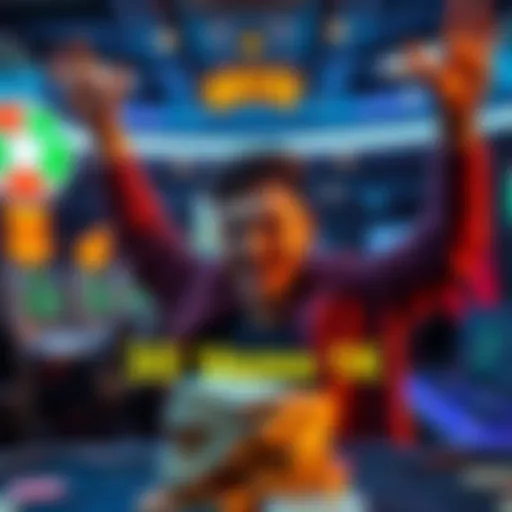 A person celebrating a win with stacks of cash and a gaming setup in the background.