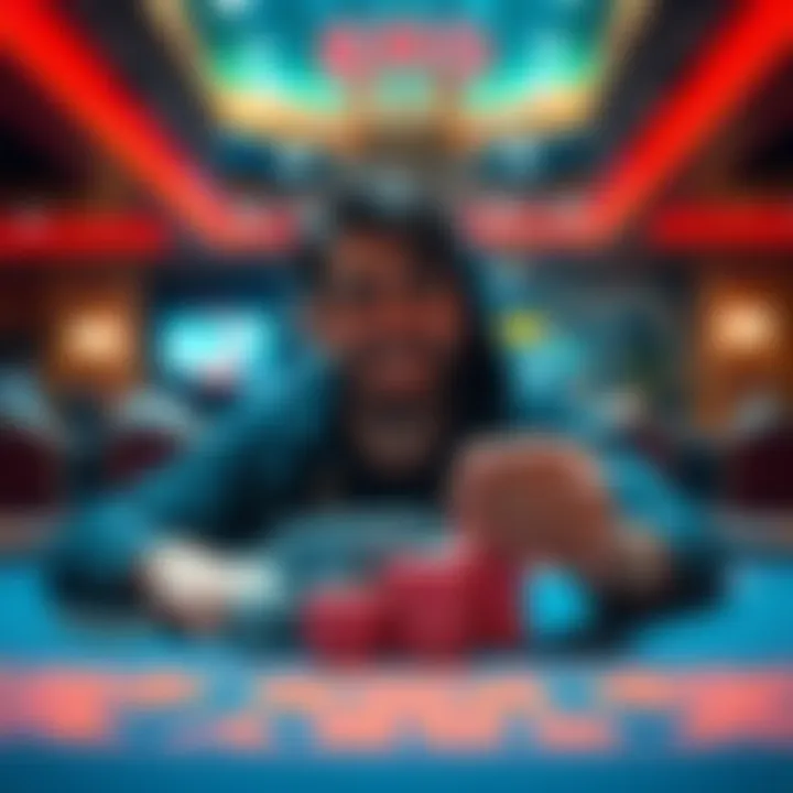 A person smiling while holding a stack of poker chips, celebrating a win at a casino table.