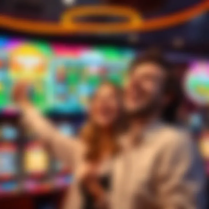 A joyful person celebrating a win at an online casino, with virtual slot machines and cash prizes displayed on a screen in the background.