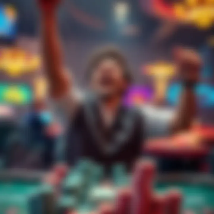 Winning Bet A person celebrating after a big win at a casino with stacks of chips and money.