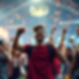 A person celebrating a big sports betting win with a fist pump and a big smile, surrounded by friends in a lively atmosphere.