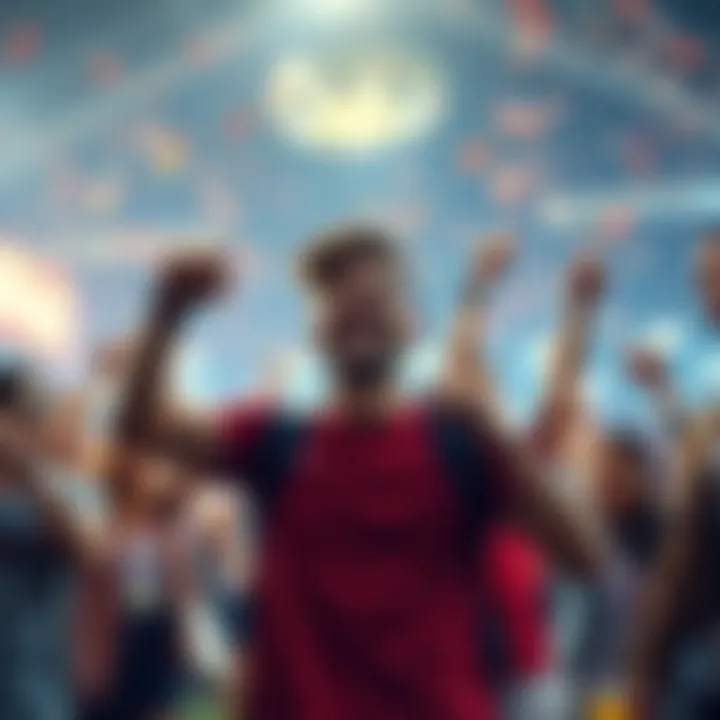 Winning Bet Celebration A person celebrating a big sports betting win with a fist pump and a big smile, surrounded by friends in a lively atmosphere.