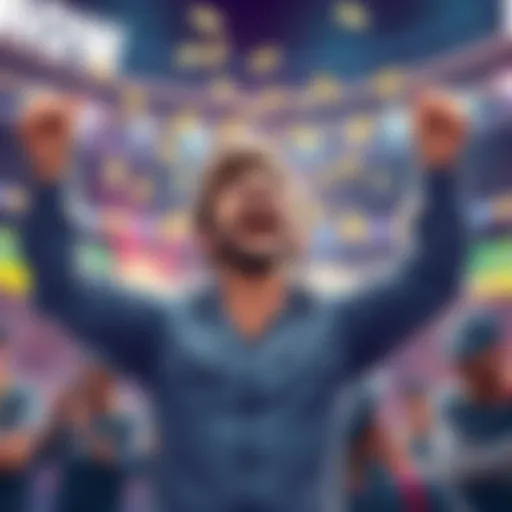 A visual of a person celebrating after winning a large amount from a small bet, showing excitement and joy