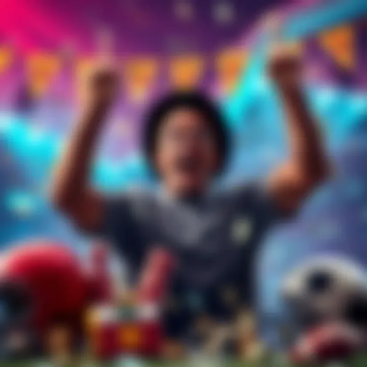 Person celebrating a successful bet during offseason with money and sports equipment around them