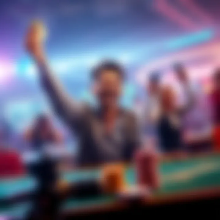 A person celebrating a big win at a betting table with cash in hand and a smile