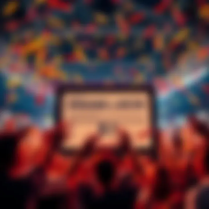 A display showing a successful betting slip with a 9-1 win ratio, surrounded by celebratory confetti and excited people