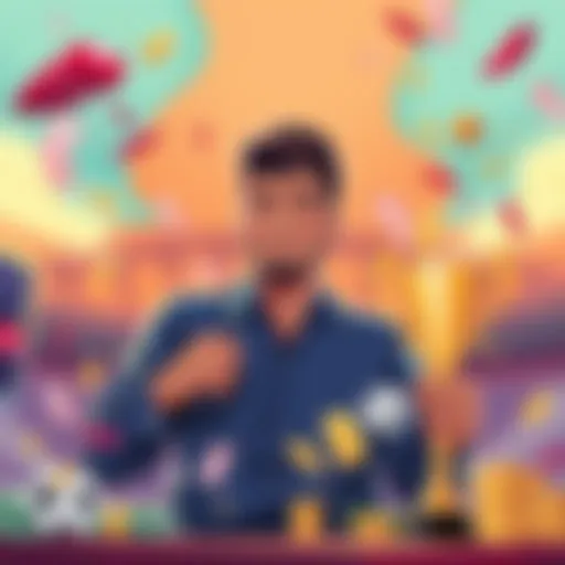 An illustration showing a confident person placing winning bets on a sports event, surrounded by symbols of success like money and trophies.