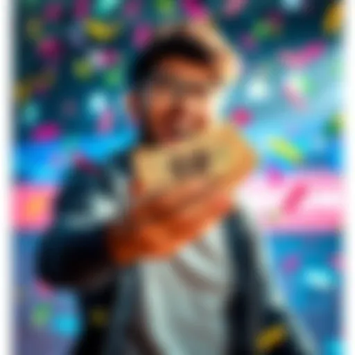 A person celebrating after winning a betting prize, holding cash in their hands with a big smile and confetti in the background.