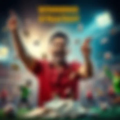 A person celebrating after winning three bets, with excitement and cash in hand, surrounded by betting slips and sports figures.