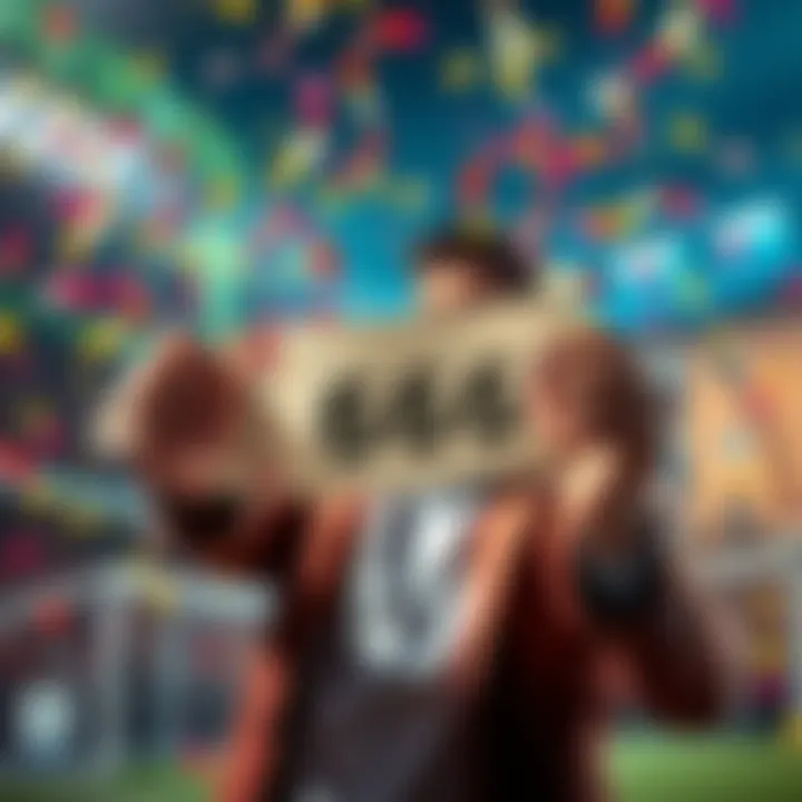 A person celebrating a big win while holding a betting slip with 666 written on it, surrounded by confetti and prizes.