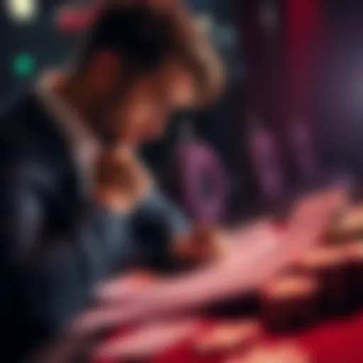 A person contemplating a decision with betting slips and cash on the table, symbolizing success and choices in betting.