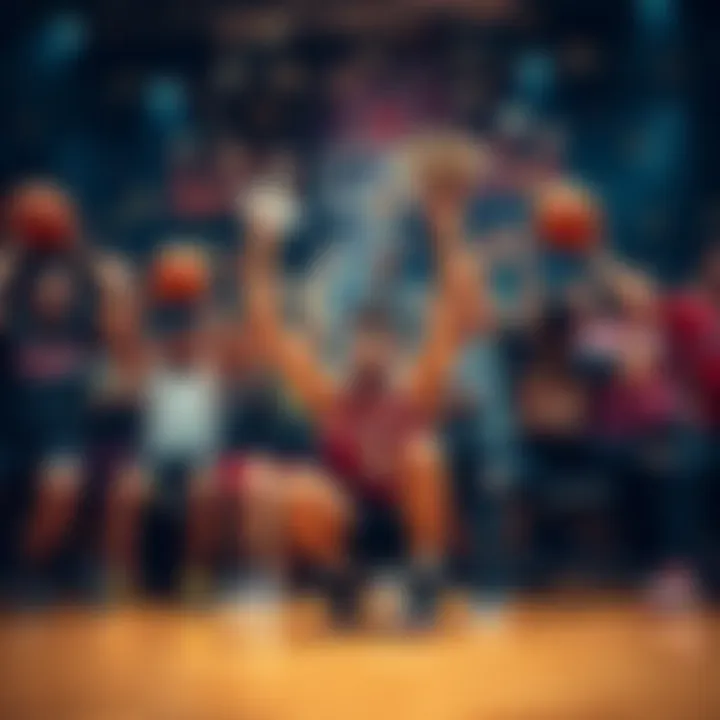 People celebrating with cash and basketballs during a winning event