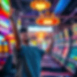 A joyful player celebrating a big win at Hollywood Park, surrounded by colorful lights and game machines