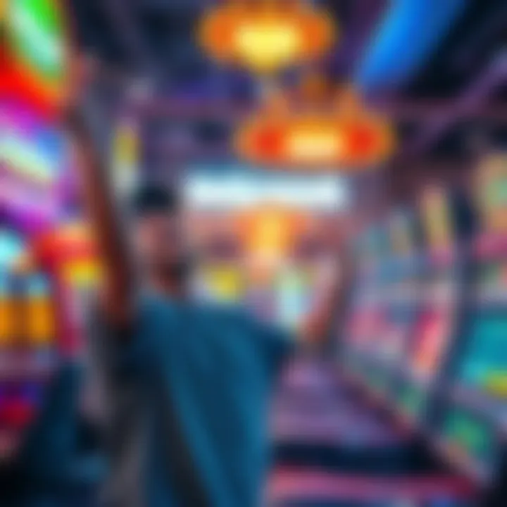 A joyful player celebrating a big win at Hollywood Park, surrounded by colorful lights and game machines