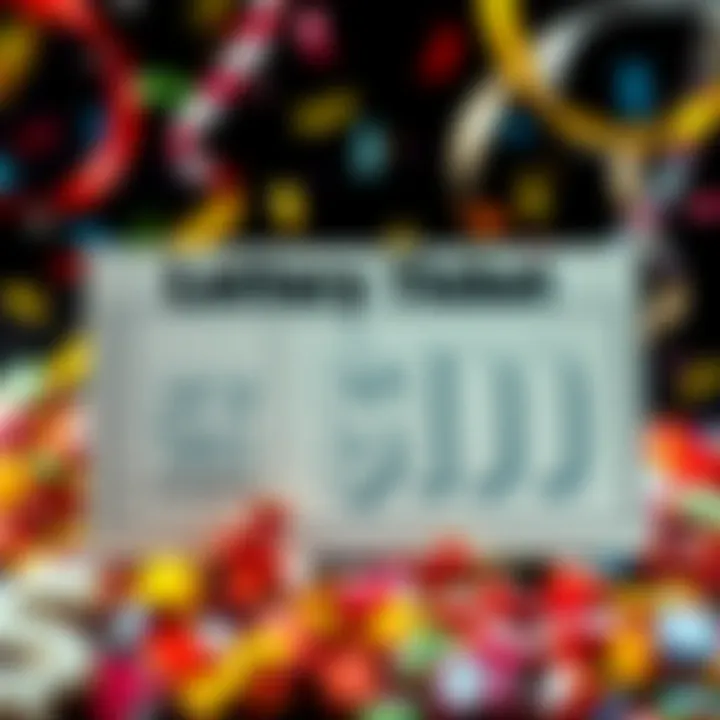 A lucky lottery ticket showing a 5X multiplier, symbolizing a $20 turning into $100, surrounded by festive decorations like confetti and dollar signs.