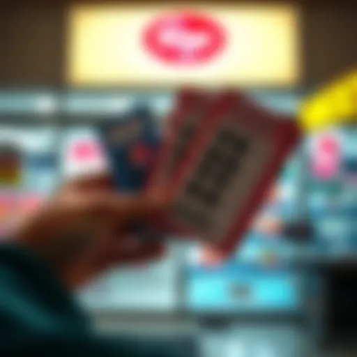 A hand holding three lottery tickets with bright colors and winning symbols, indicating significant cash prizes, in front of a Kroger store
