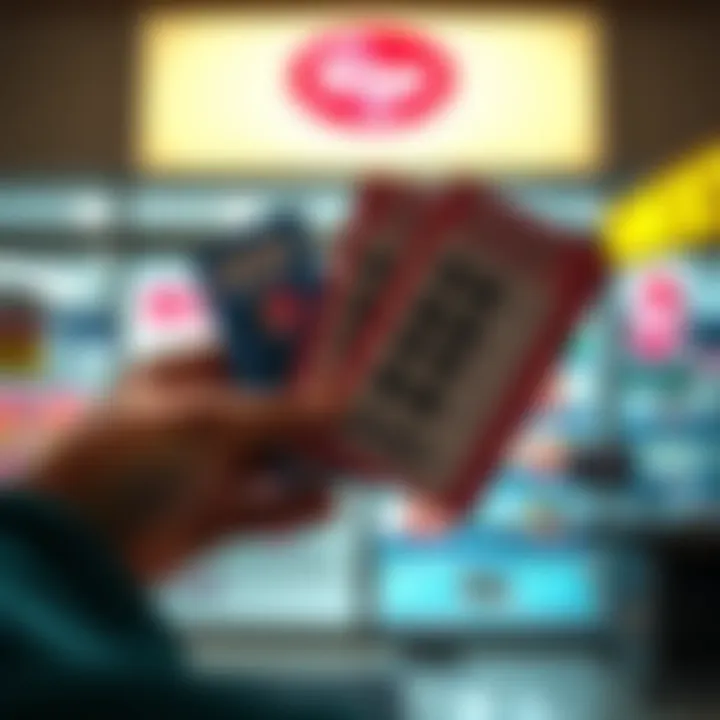 Winning Lottery Tickets A hand holding three lottery tickets with bright colors and winning symbols, indicating significant cash prizes, in front of a Kroger store