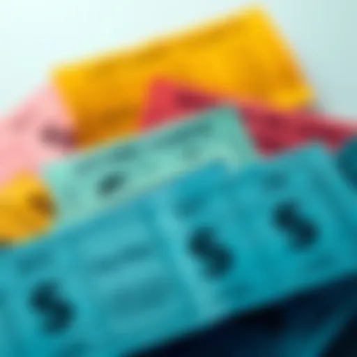 A collection of colorful lottery tickets with dollar signs and winning numbers highlighted