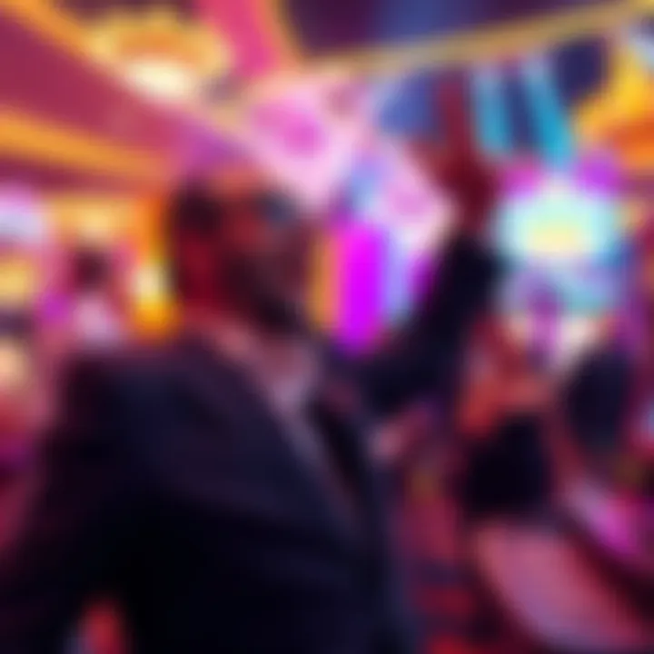 A player celebrating a big win at CrownCoins Casino while playing Sweet Bonanza, with bright lights and casino elements in the background.