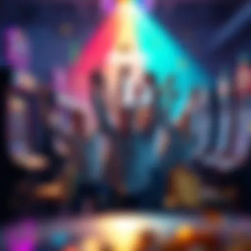Group of excited players celebrating big wins at various slot machines, showcasing joy and excitement in a gaming environment.