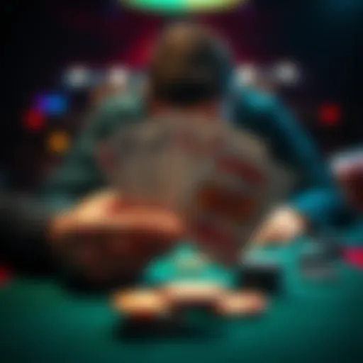 A hand of cards showing a royal flush in poker, with chips and a tense player at the table