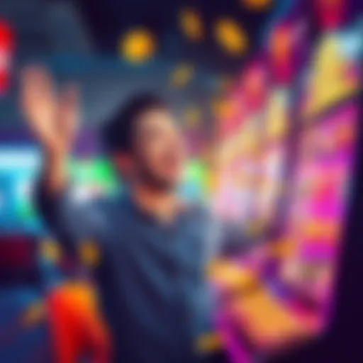A person celebrating a big win while playing a slot machine with colorful lights and coins spilling out.