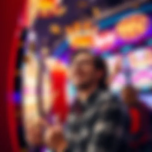 Winning on a Slot Machine A person celebrating a slot machine win in a casino, surrounded by colorful lights and coins, looking excited but confused about the money's value.