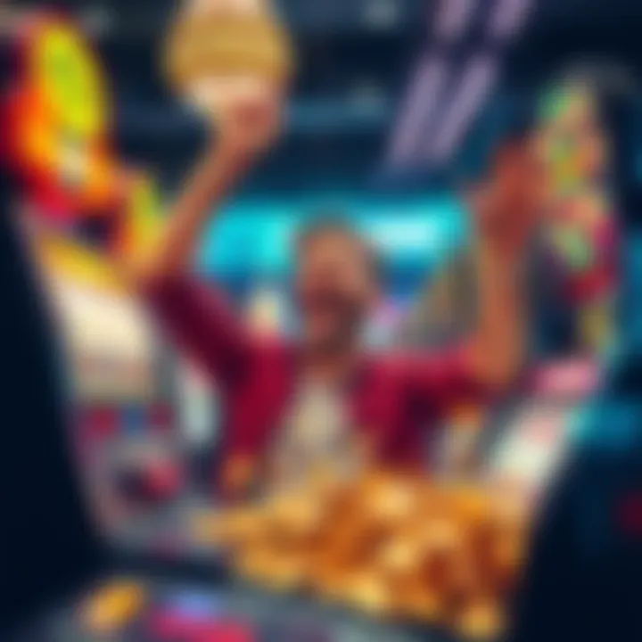 A player excitedly celebrating a big win at a slot machine in a casino, with colorful lights and coins spilling out.