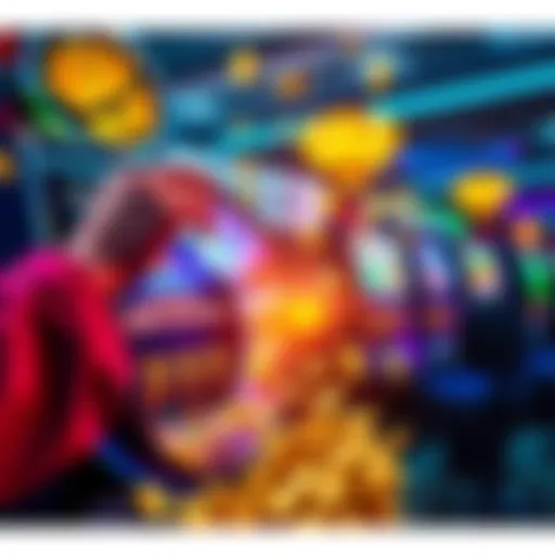 Winning Spin at Casino A person spinning a slot machine with excitement, colorful symbols on the reels, and coins spilling out, conveying a feeling of victory.