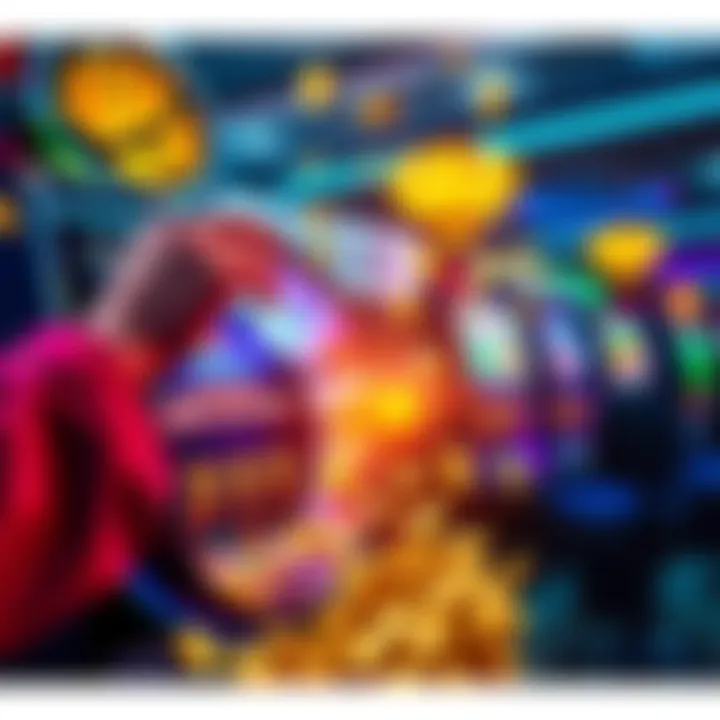 Winning Spin at Casino A person spinning a slot machine with excitement, colorful symbols on the reels, and coins spilling out, conveying a feeling of victory.