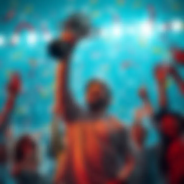 A person celebrating a victory with a trophy in hand, surrounded by confetti and friends.
