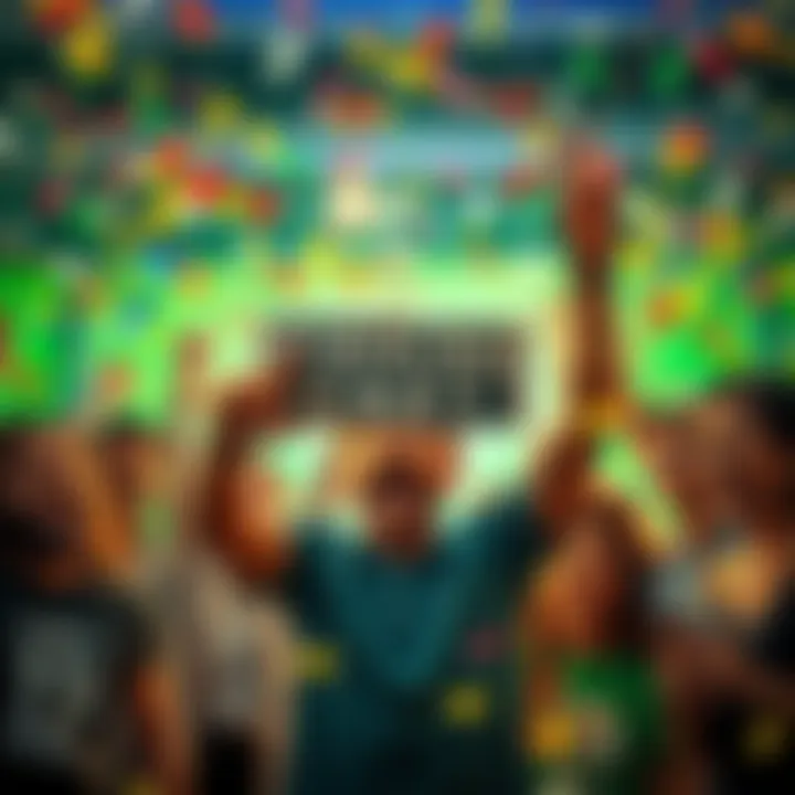 A person excitedly holds up a winning lottery ticket, surrounded by friends who are cheering and celebrating. Confetti falls around them, highlighting the joy of unexpected success.