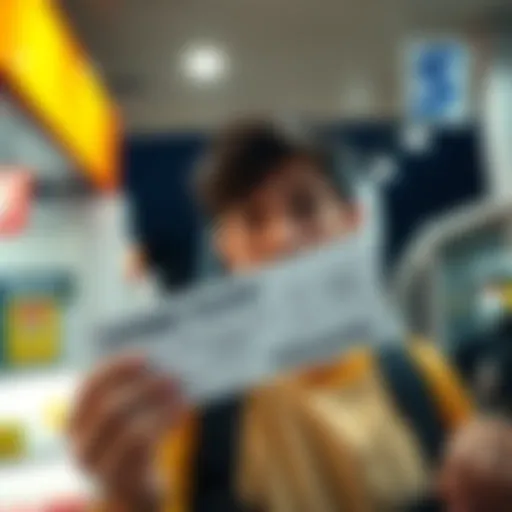 A person holding a winning lottery ticket at a gas station with a surprised expression