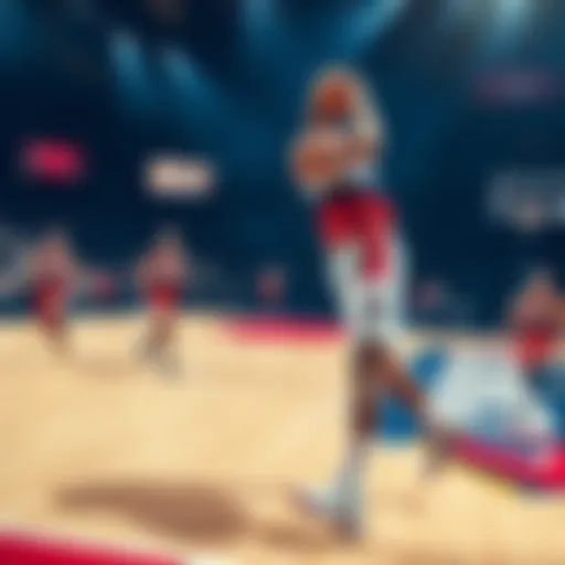A dynamic scene showing basketball players from the Wizards team competing on the court during a game, with fans cheering in the background.