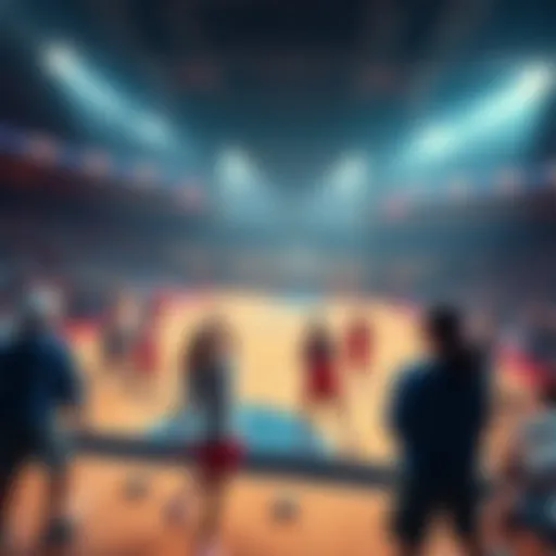 A WNBA basketball court with players in action, showcasing excitement and teamwork during a game.